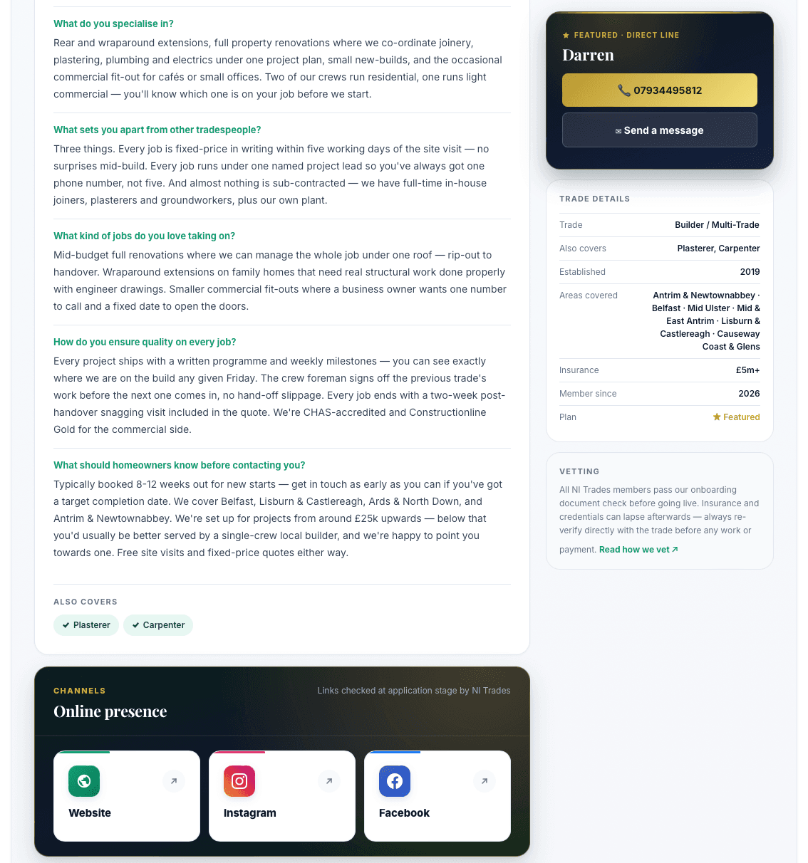 About section + online presence card — website, Instagram and Facebook tiles
