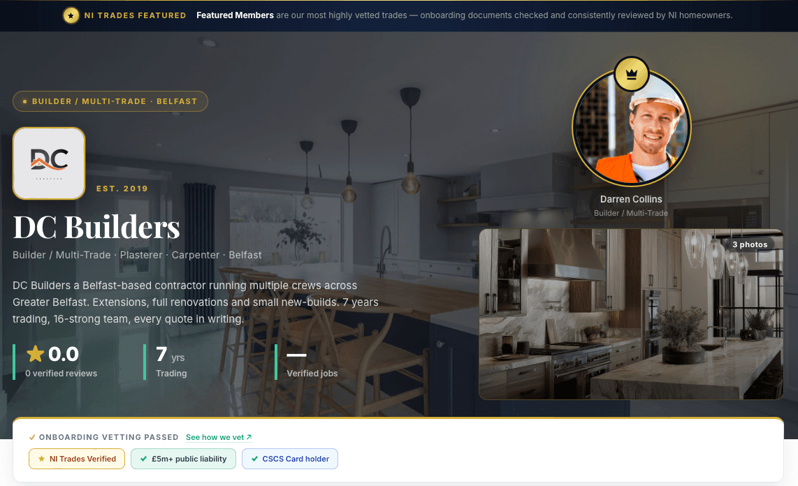 Featured profile hero — cover photo + gold-bordered logo + tagline