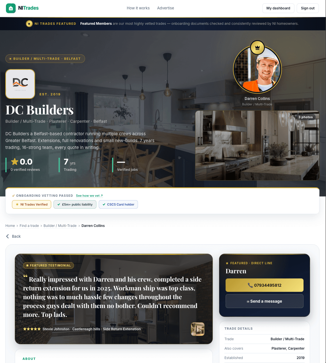The Featured profile hero — DC Builders. Gold-bordered logo, cover photo, verified badges.