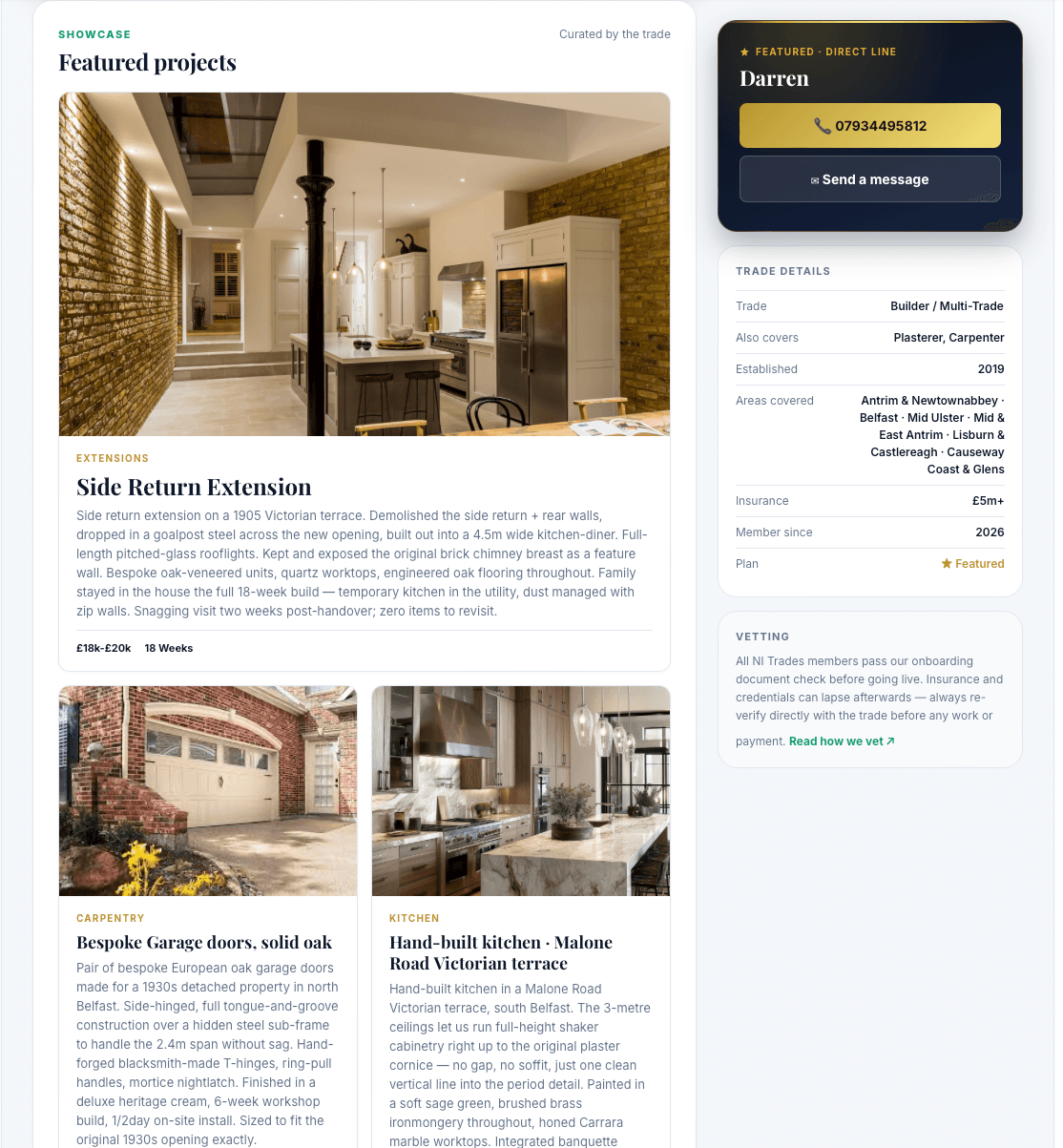 Featured Projects section — three case-study cards with photos and write-ups