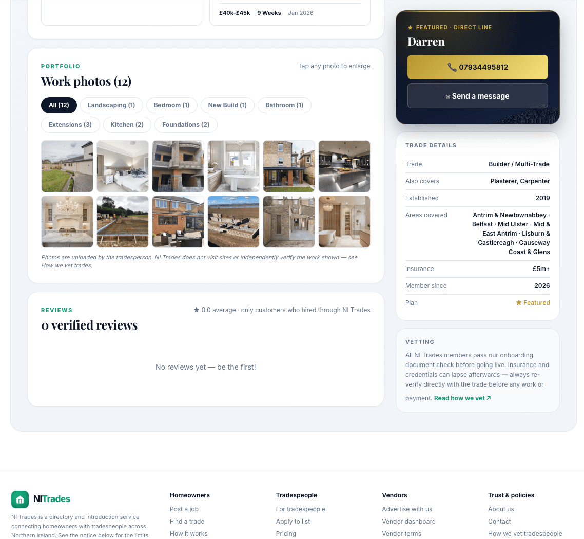 Work Photos gallery with category chips and verified reviews row